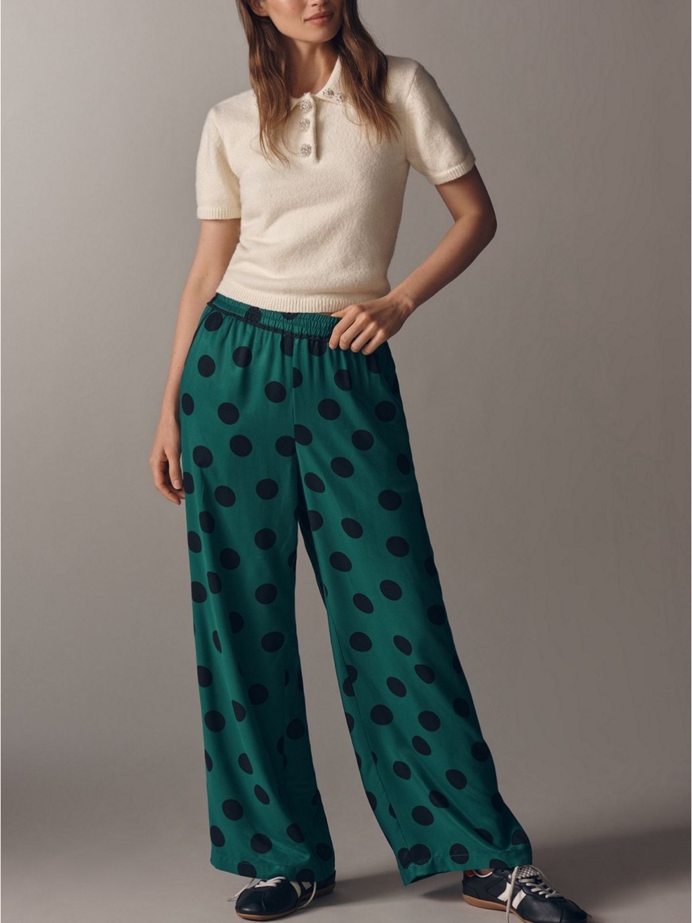 NWT Maeve The Brooklyn Teal Wide-Leg Pull On Polka Dot Pants